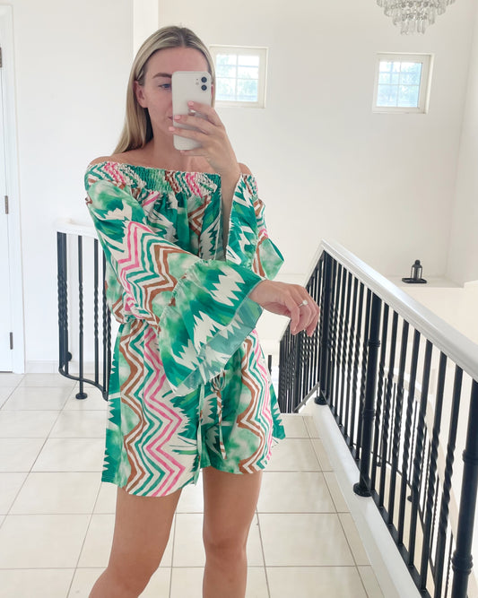 Off The Shoulder Playsuit in Green