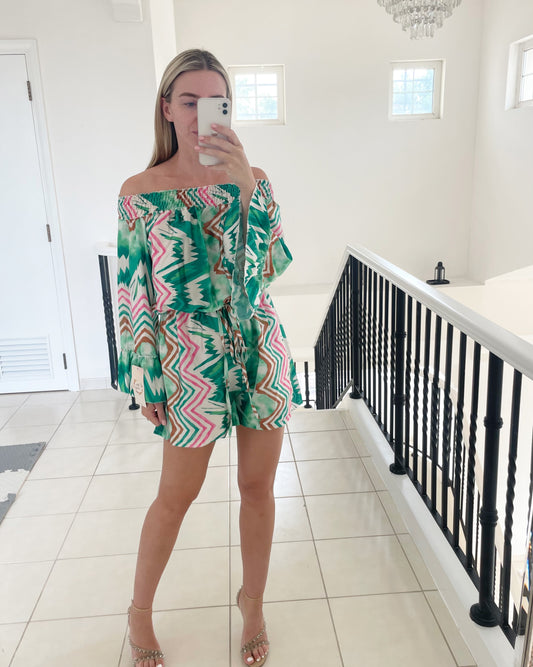 Off The Shoulder Playsuit in Green