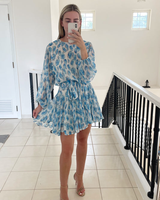 Long Sleeve Belted Dress in Blue & White