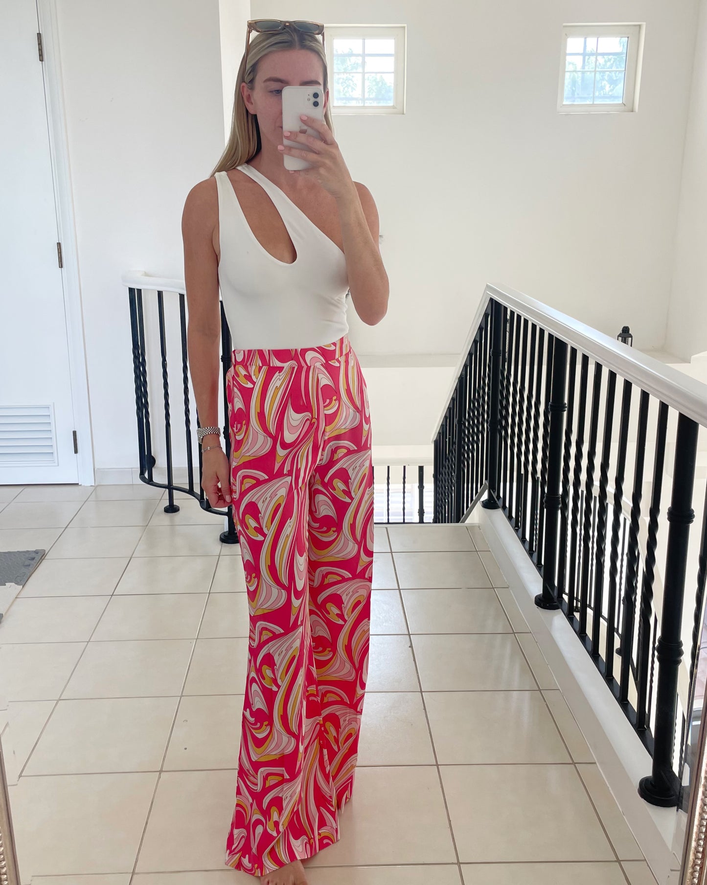 Patterned Flared Trousers in Pink