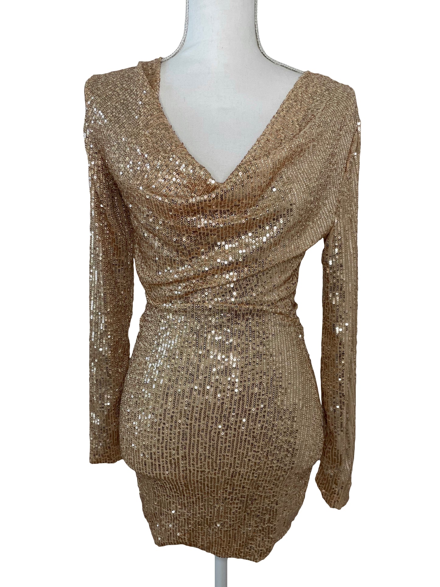 Cowl Neck Sequin Dress in Gold