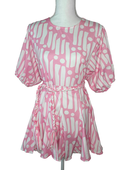 Pleated Belt Dress in Pink & White