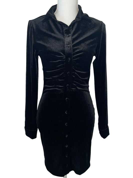 Velvet Ruched Shirt Dress in Black