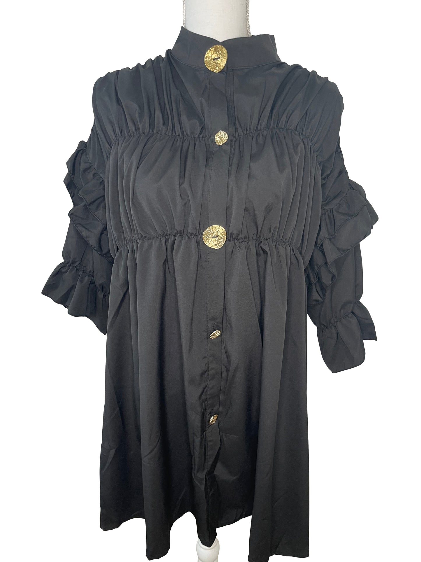 Ruched Frill Shirt Dress in Black