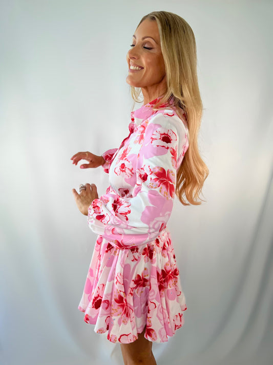 Floral Belted Shirt Dress in Pink & White