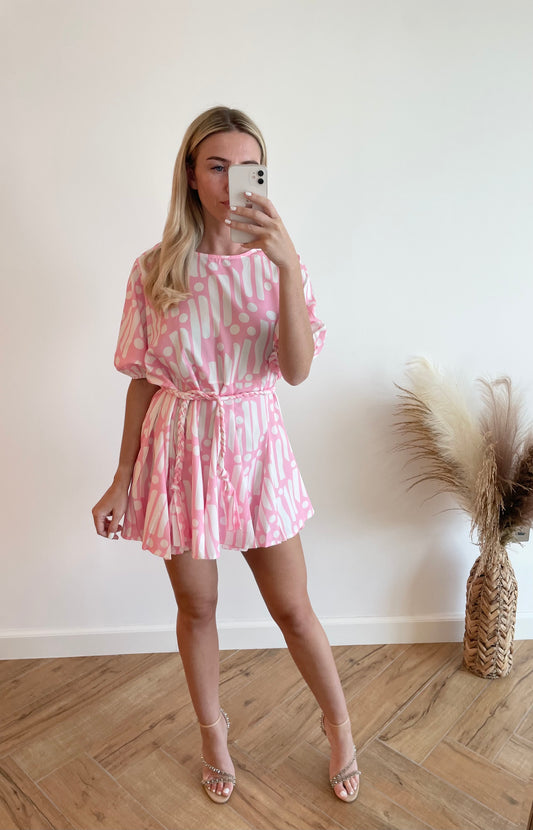 Pleated Belt Dress in Pink & White
