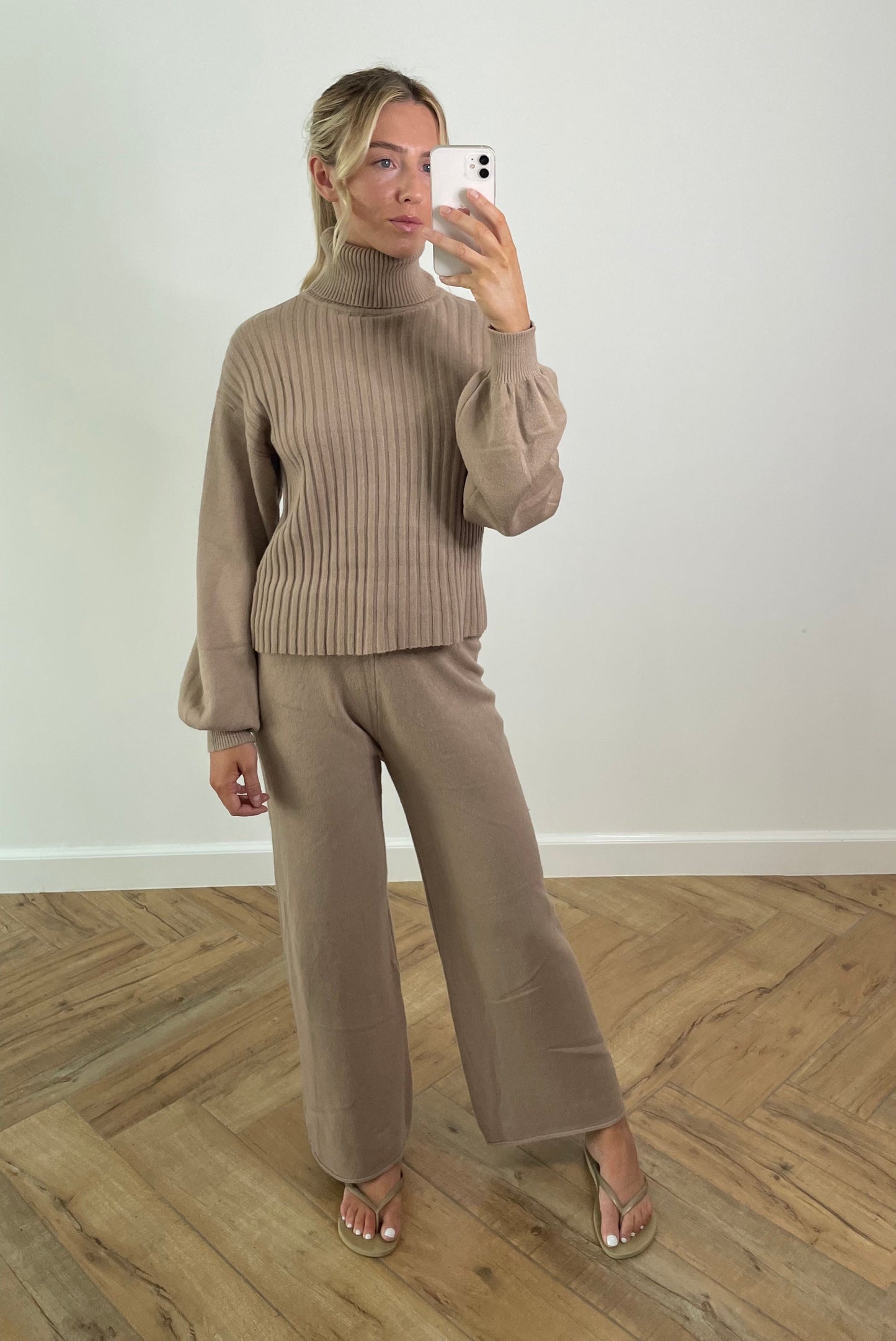High Neck Ribbed Tracksuit in Beige