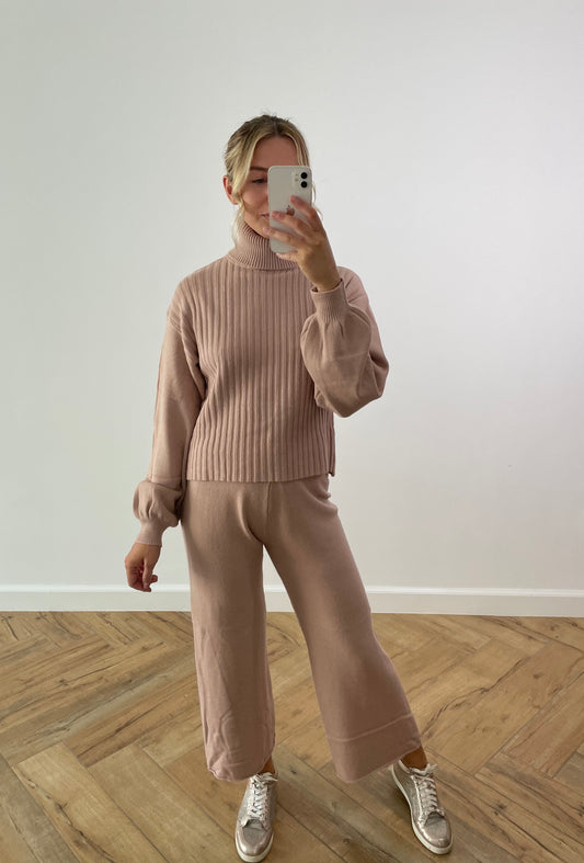 High Neck Ribbed Tracksuit in Pink