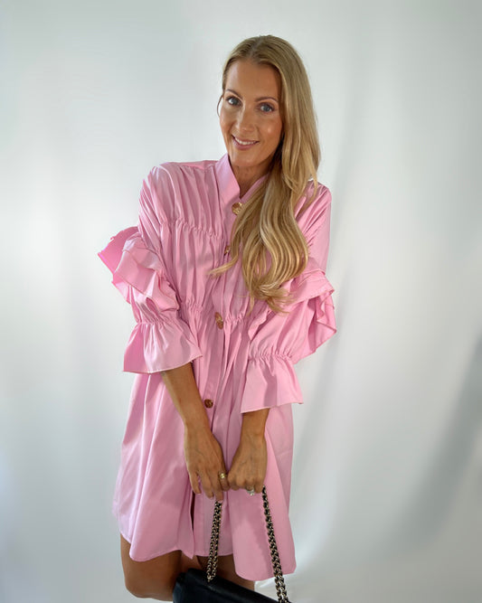 Ruched Frill Shirt Dress in Pink