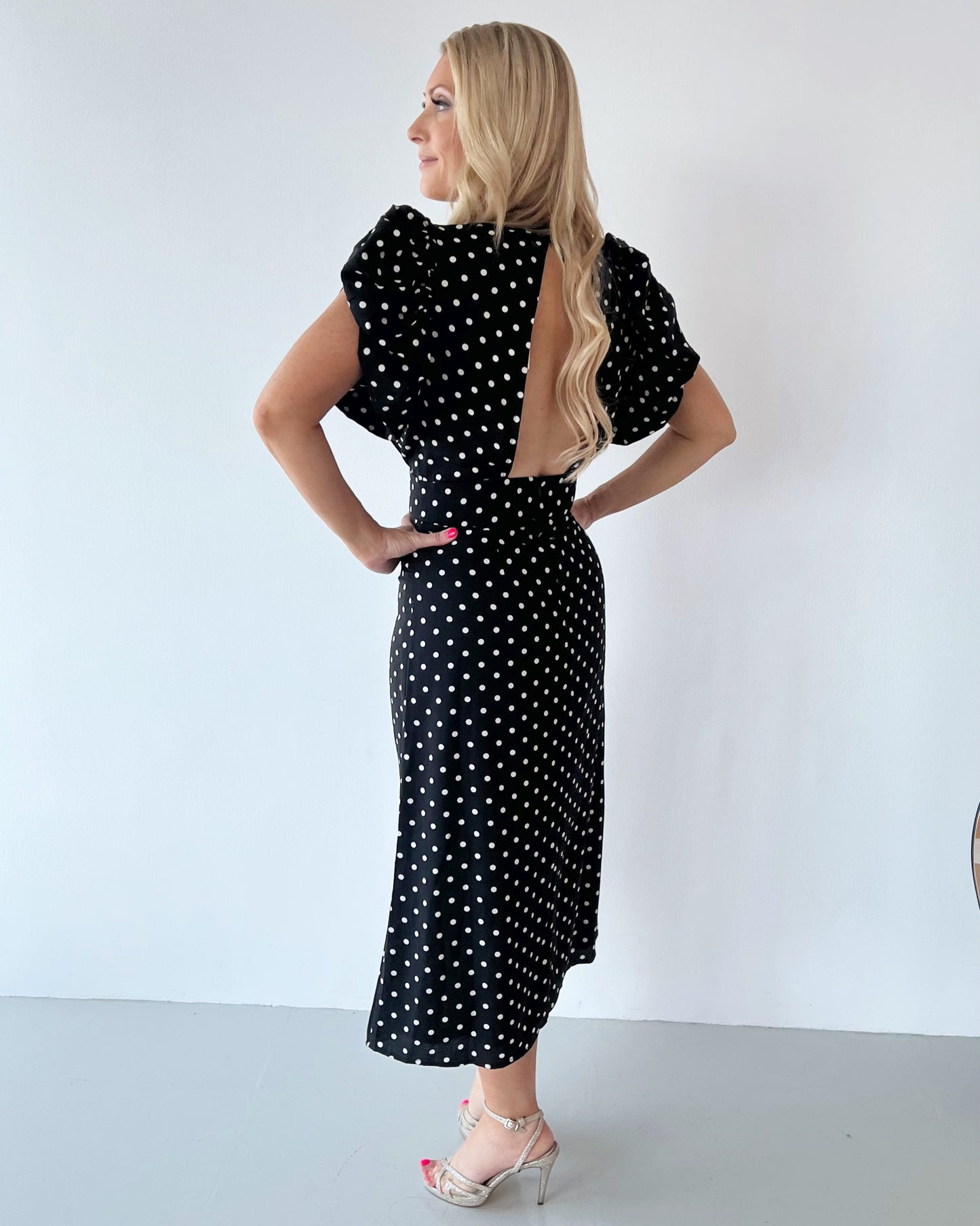Polka Dot Midi Dress in Black with Cut Out Back