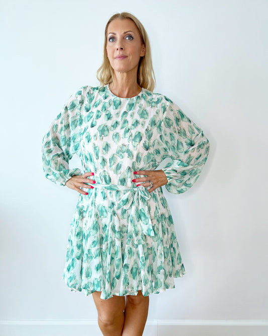 Long Sleeve Belted Dress in Green & White
