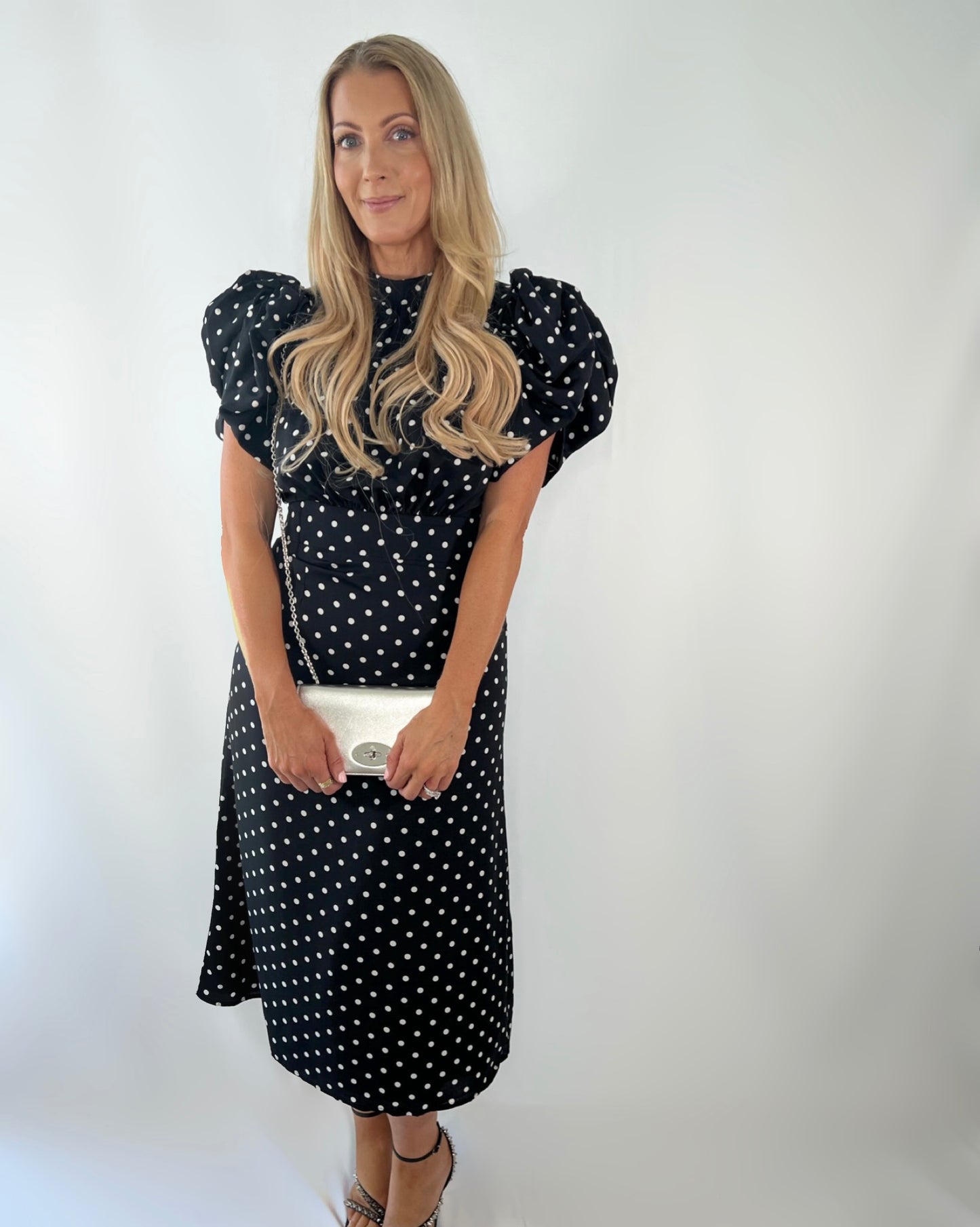 Polka Dot Midi Dress in Black with Cut Out Back