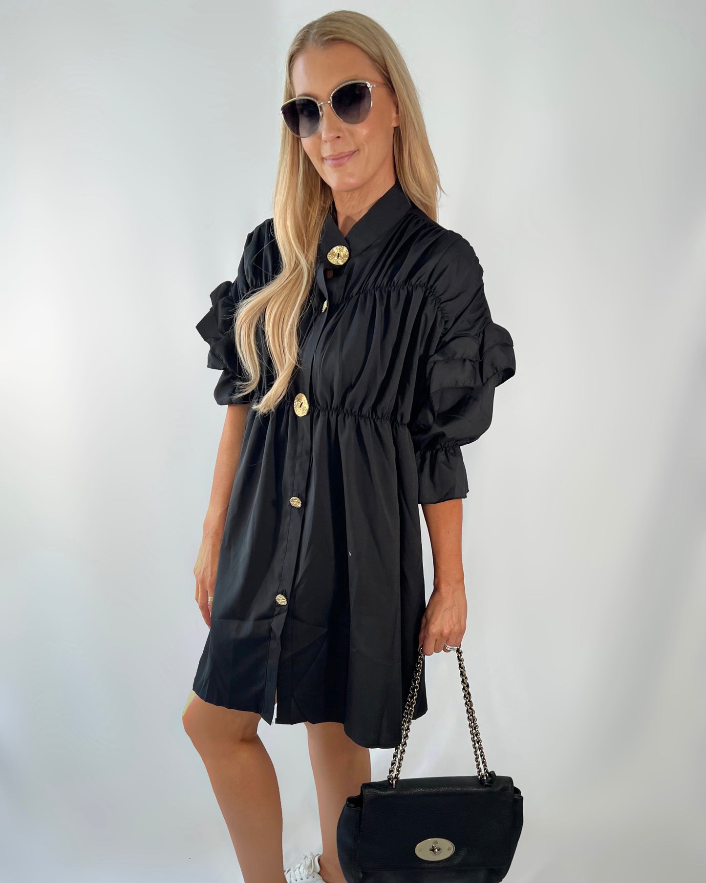 Ruched Frill Shirt Dress in Black